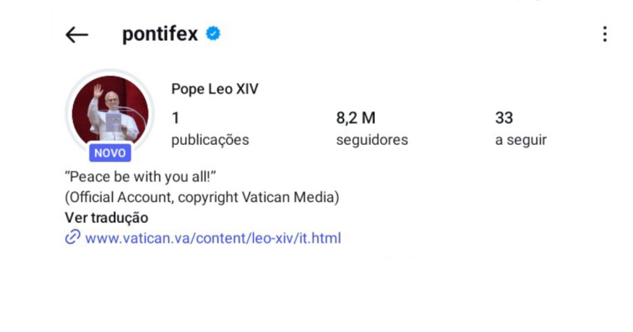 Papa Leão XIV cria perfil no Instagram e alcança 8 milhões de seguidores